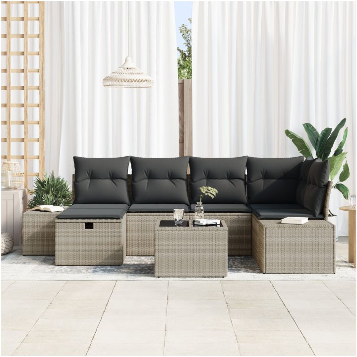 7-delad Trädgårdsoffset med Kuddar Ljusgrå Poly Rattan vidaXL 55 x 62 x 69 cm – bild 3
