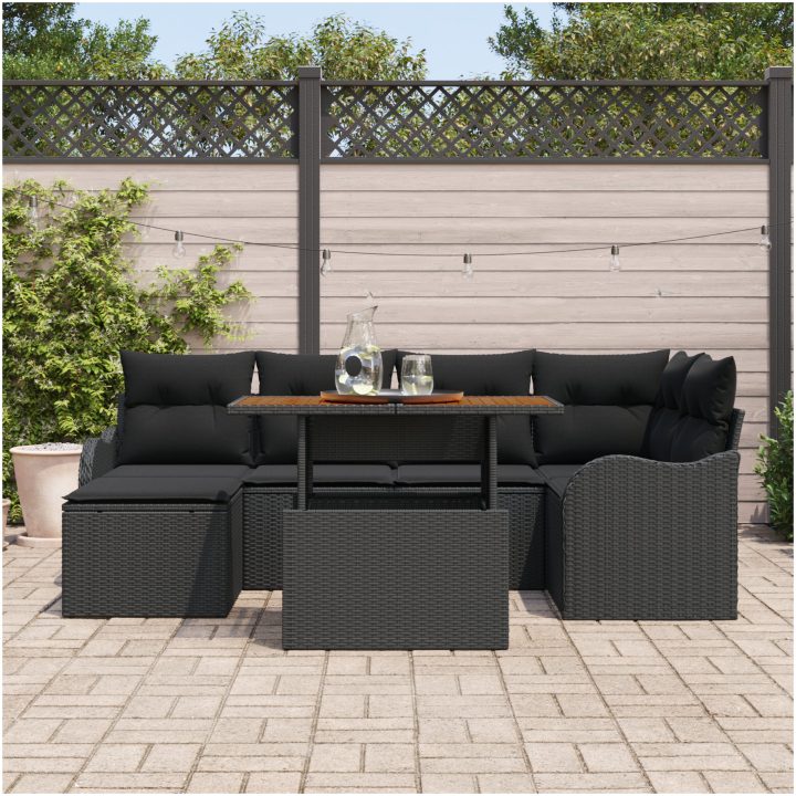7-delad Trädgårdsoffset med Kuddar Svart Poly Rattan Akacia vidaXL Stor – bild 3