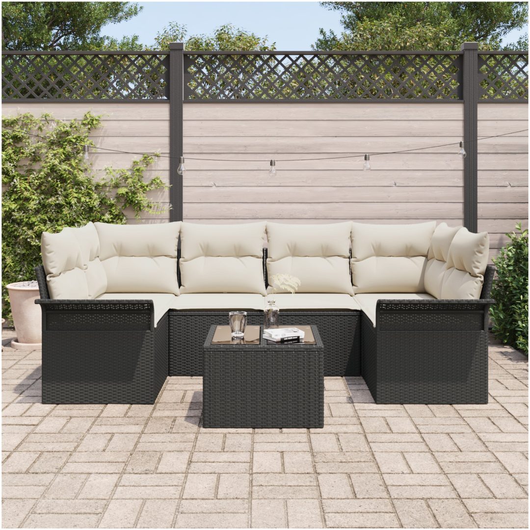 7-delad trädgårdsoffset med kuddar svart poly rotting vidaXL 55 x 55 x 37 cm – bild 3