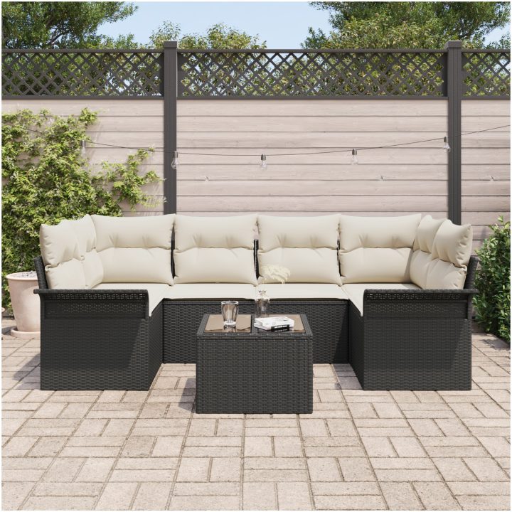 7-delad trädgårdsoffset med kuddar svart poly rotting vidaXL 55 x 55 x 37 cm – bild 3