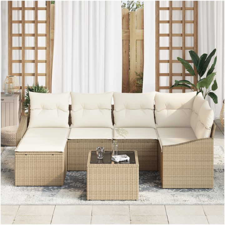 7-delad Trädgårdsoffuppsättning med Kuddar Brun Poly Rattan vidaXL 288.5 x 123.5 x 85 cm – bild 3