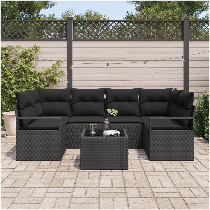 7-delad Trädgårdsoffuppsättning med Kuddar Svart Poly Rattan vidaXL Medium – bild 3