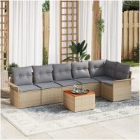 7-delad Trädgårdssofa Set med Kuddar Beige Poly Rattan Akacia vidaXL