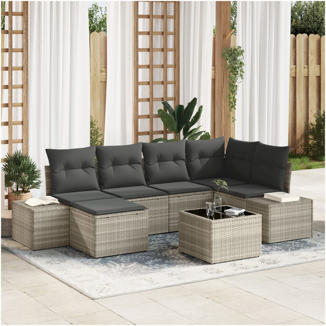 7-delad trädgårdssofa set med kuddar grå poly konstrotting vidaXL 264 x 154 x 85 cm