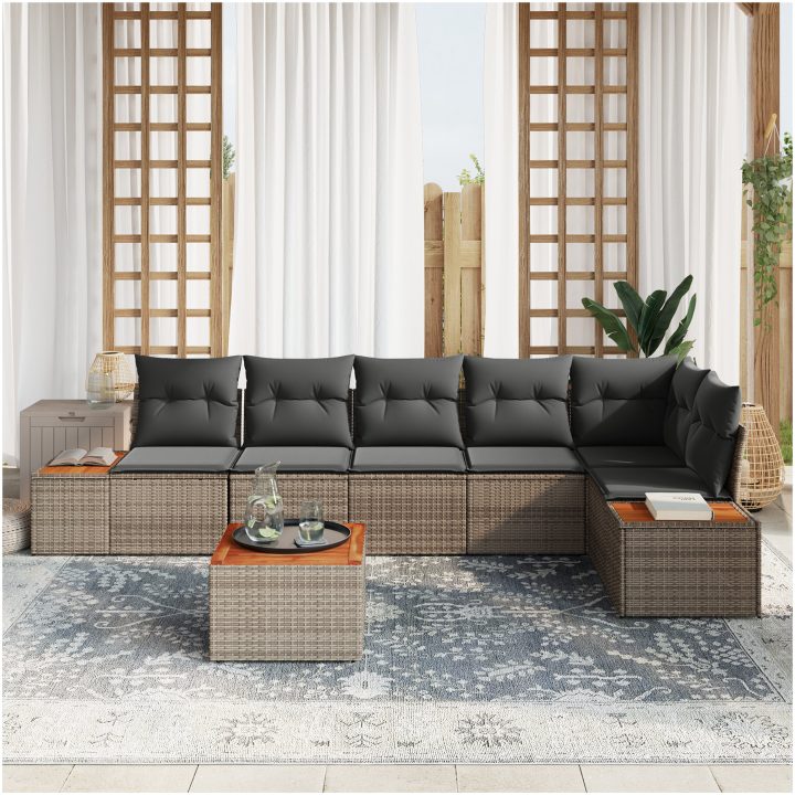 7-delad Trädgårdssofa Set med Kuddar Grå Poly Rattan Akacia vidaXL 55 x 55 x 37 cm – bild 3