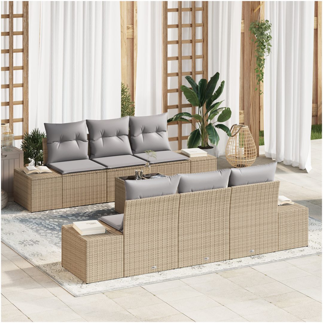 7-delad trädgårdssoffa med kuddar beige poly rattan vidaXL 55 x 55 x 37 cm