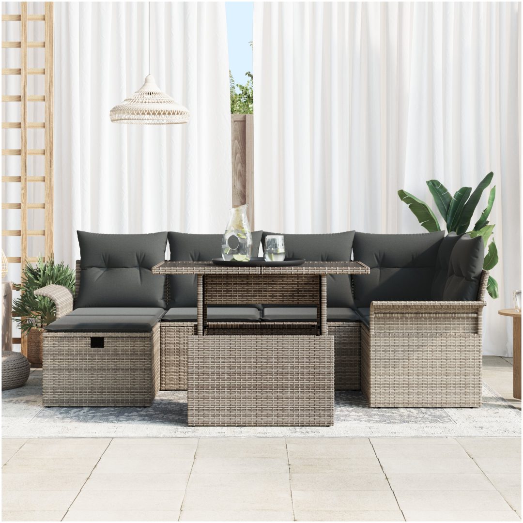 7-delad Trädgårdssoffa med kuddar Grå Poly Rattan vidaXL Standard utomhussoffa – bild 3