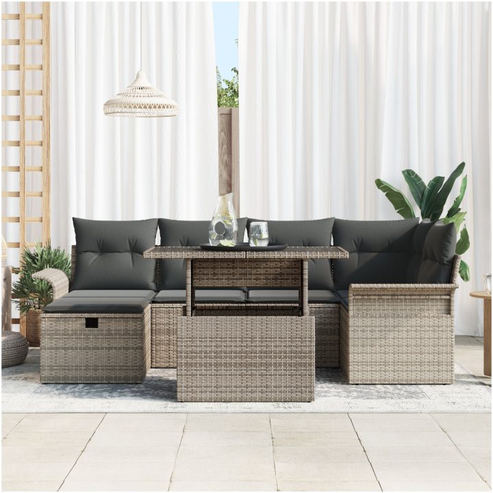 7-delad Trädgårdssoffa med kuddar Grå Poly Rattan vidaXL Standard utomhussoffa – bild 3
