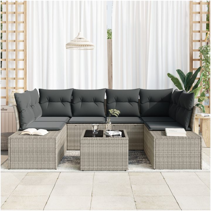 7-delad trädgårdssoffagrupp med kuddar Ljusgrå Poly Rotting vidaXL 55 x 55 x 37 cm – bild 3