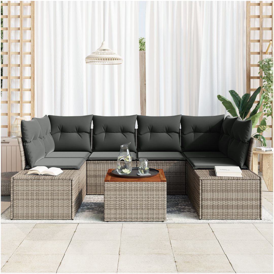 7-delad trädgårdssoffset med kuddar i grå polyrotang och akaciaträ vidaXL 55 x 55 x 37 cm – bild 3