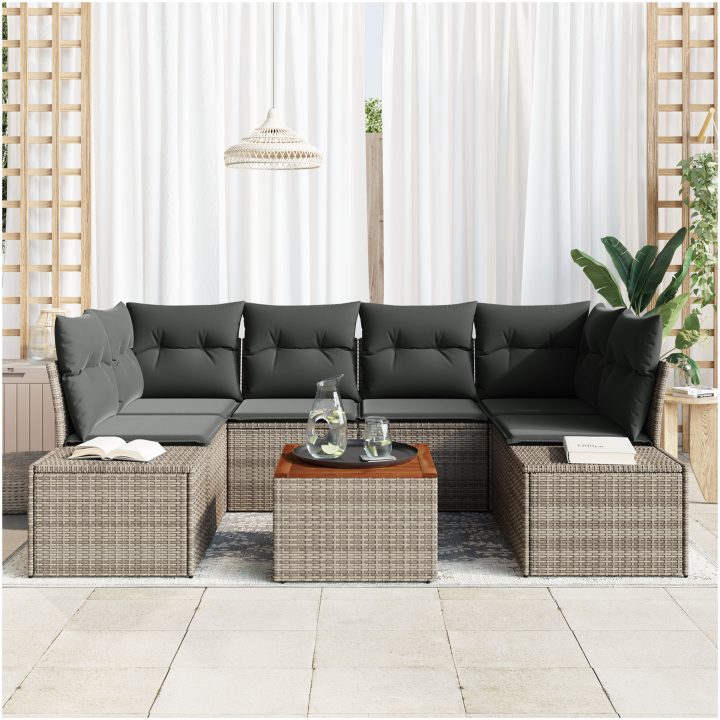 7-delad trädgårdssoffset med kuddar i grå polyrotang och akaciaträ vidaXL 55 x 55 x 37 cm – bild 3