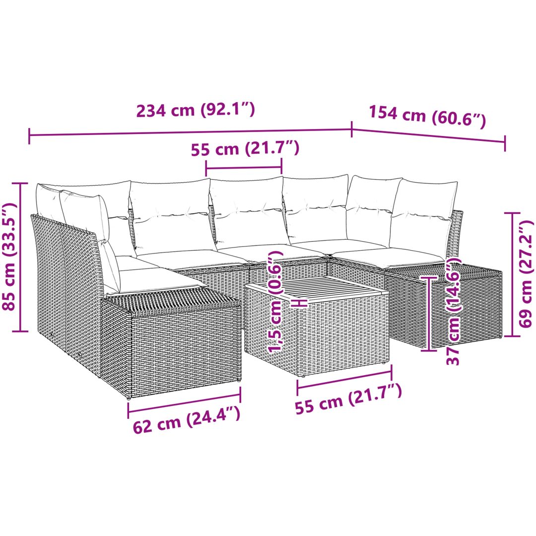 7-delad trädgårdssoffset med kuddar i grå polyrotang och akaciaträ vidaXL 55 x 55 x 37 cm – bild 9