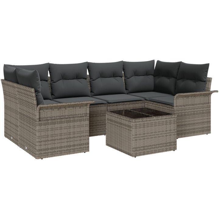 7-delad trädgårdssoffuppsättning med kuddar Grå Poly Rattan vidaXL 55 x 55 x 37 cm – bild 2