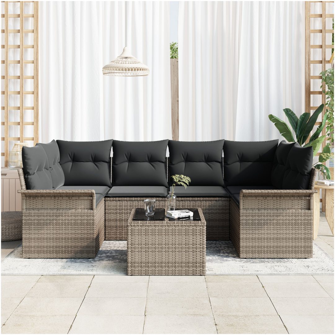 7-delad trädgårdssoffuppsättning med kuddar Grå Poly Rattan vidaXL 55 x 55 x 37 cm – bild 3