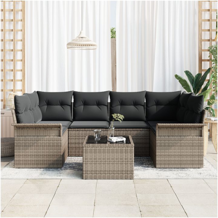 7-delad trädgårdssoffuppsättning med kuddar Grå Poly Rattan vidaXL 55 x 55 x 37 cm – bild 3