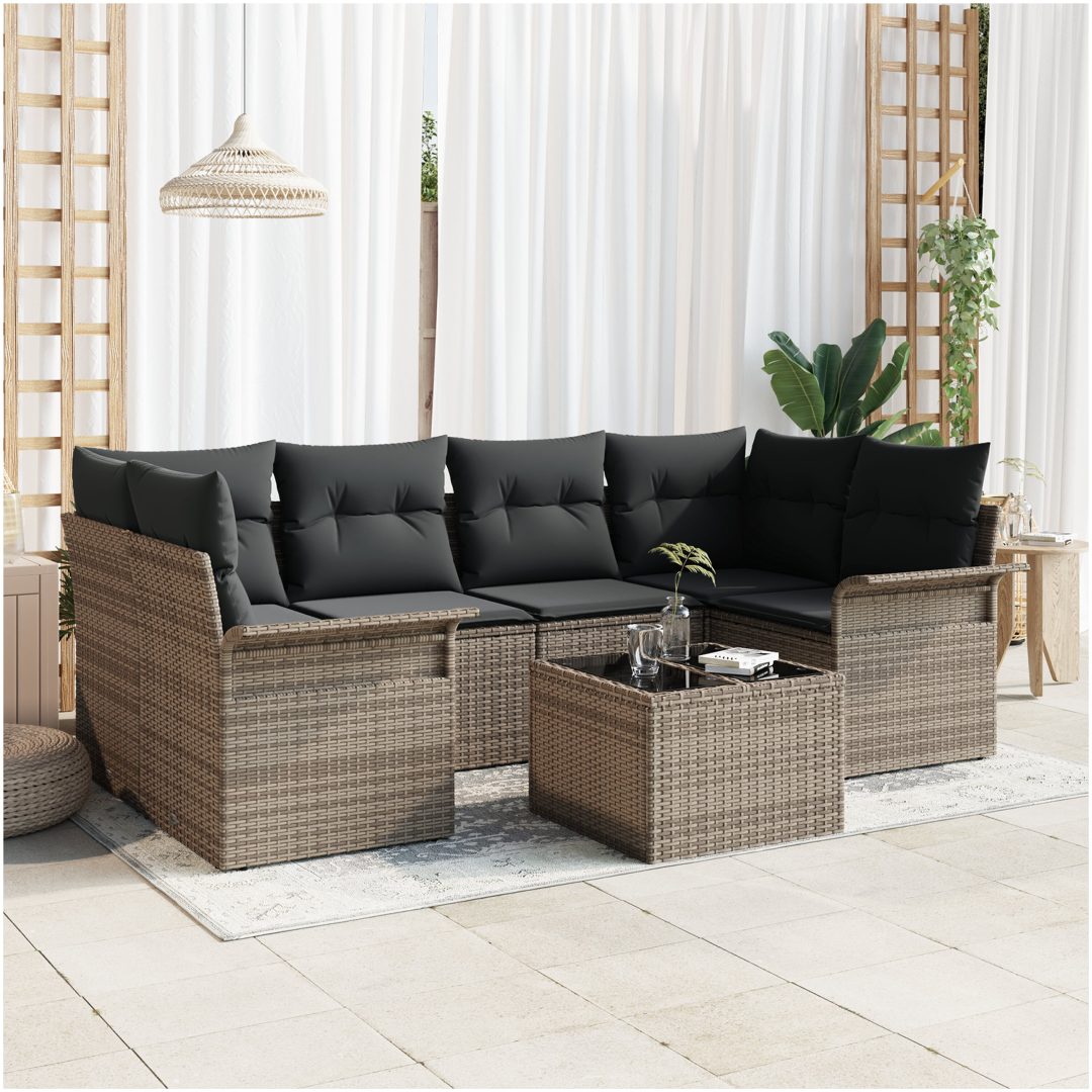 7-delad trädgårdssoffuppsättning med kuddar Grå Poly Rattan vidaXL 55 x 55 x 37 cm