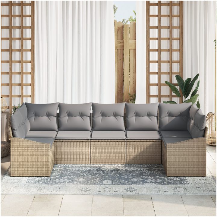 7-delad trädgårdsssofa med dynor Beige Poly Rattan vidaXL 289 x 123.5 x 85 cm – bild 3