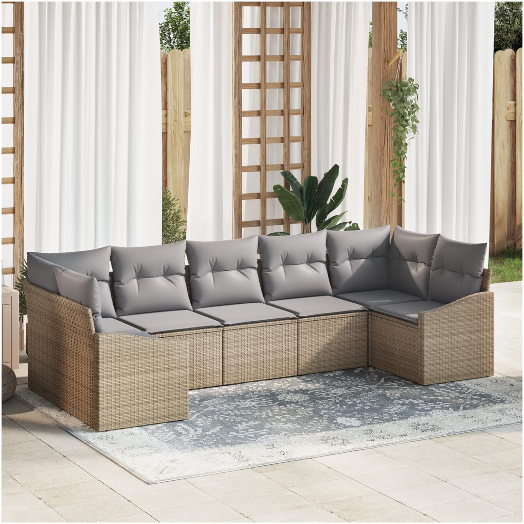 7-delad trädgårdsssofa med dynor Beige Poly Rattan vidaXL 289 x 123.5 x 85 cm