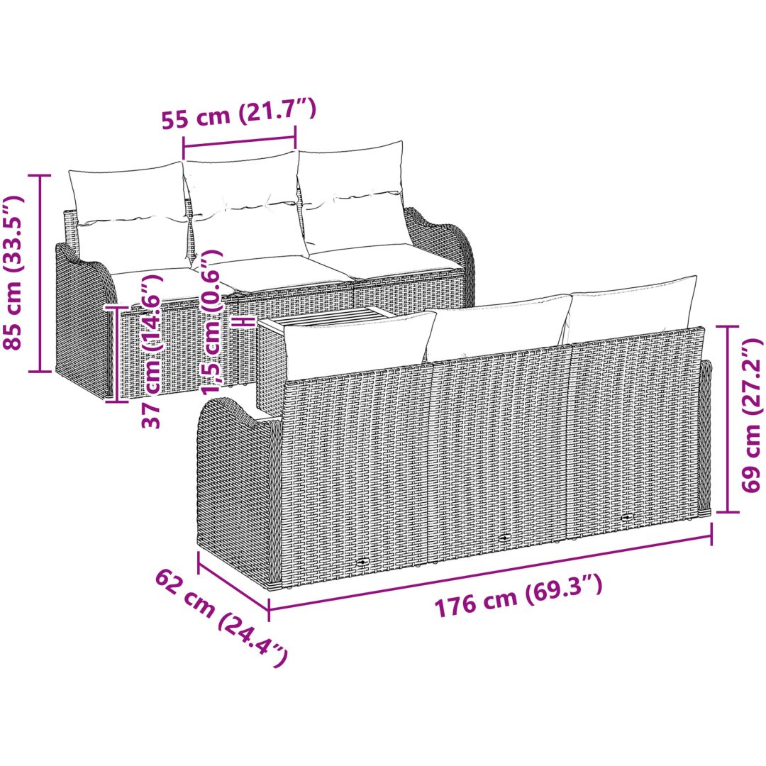 7-delade Trädgårdsofa Set med Kuddar Beige Poly Rattan Akacia vidaXL Stor – bild 8