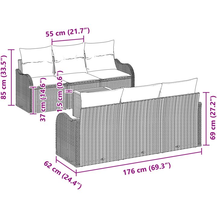 7-delade Trädgårdsofa Set med Kuddar Beige Poly Rattan Akacia vidaXL Stor – bild 8