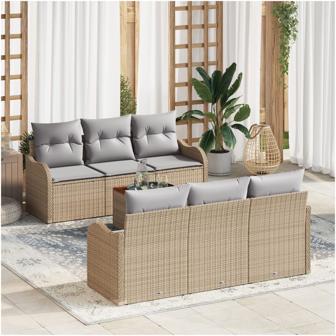 7-delade Trädgårdsofa Set med Kuddar Beige Poly Rattan Akacia vidaXL Stor