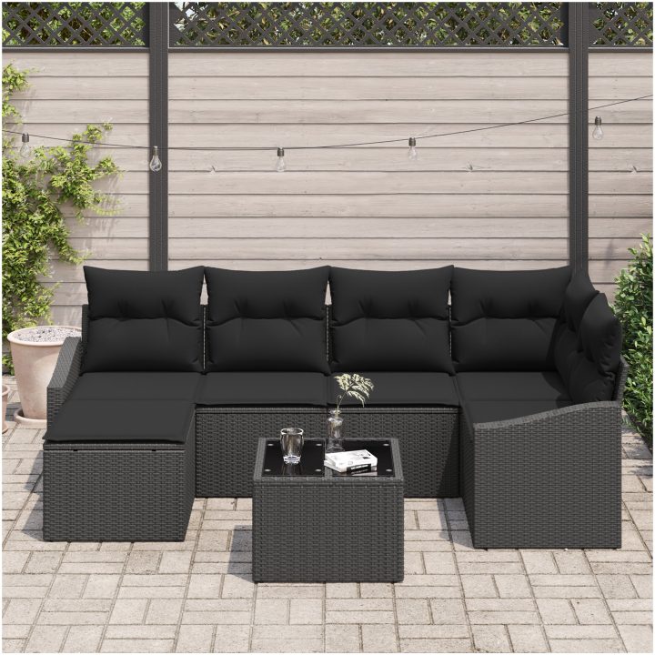 7-delade trädgårdsoffaset med kuddar beige polyrotting vidaXL 288.5 x 123.5 x 85 cm – bild 3