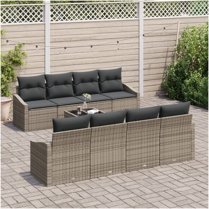 7-delade Trädgårdsoffaset med Kuddar Grå Poly Rattan vidaXL 55 x 55 x 37 cm – bild 3