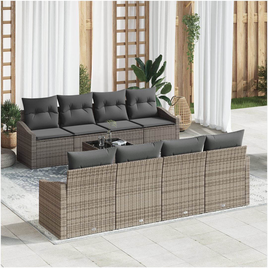 7-delade Trädgårdsoffaset med Kuddar Grå Poly Rattan vidaXL 55 x 55 x 37 cm