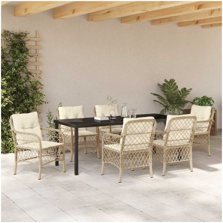 7-delade trädgårdsset med kuddar i beige poly rattan vidaXL 200 x 80 x 73 cm – bild 4