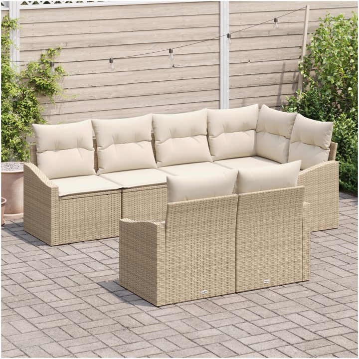 7-delade trädgårdssoffset med kuddar Beige Poly Rattan vidaXL 233.5 x 123.5 x 85 cm – bild 3