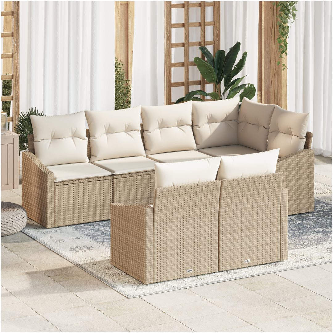 7-delade trädgårdssoffset med kuddar Beige Poly Rattan vidaXL 233.5 x 123.5 x 85 cm