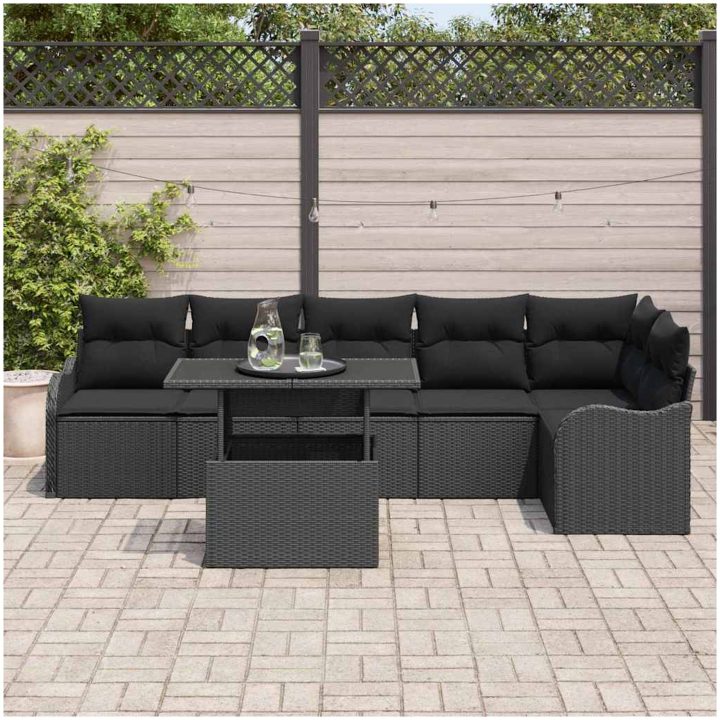 7-delade utemöbelsoffset med kuddar svart poly-rattan vidaXL Stor – bild 3