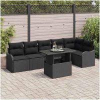 7-delade utemöbelsoffset med kuddar svart poly-rattan vidaXL
