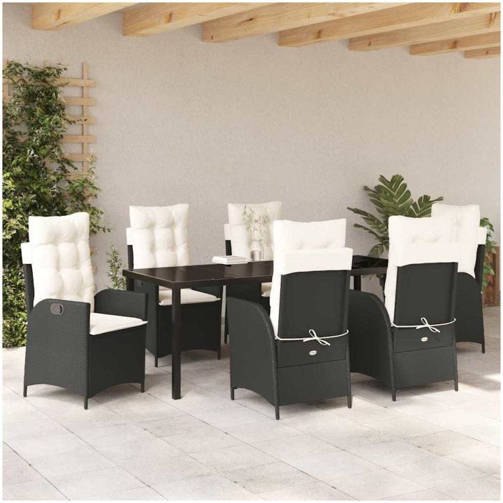 7 delar matgrupp för trädgården med kuddar - svart poly-rattan vidaXL 200 x 80 x 73 cm – bild 4