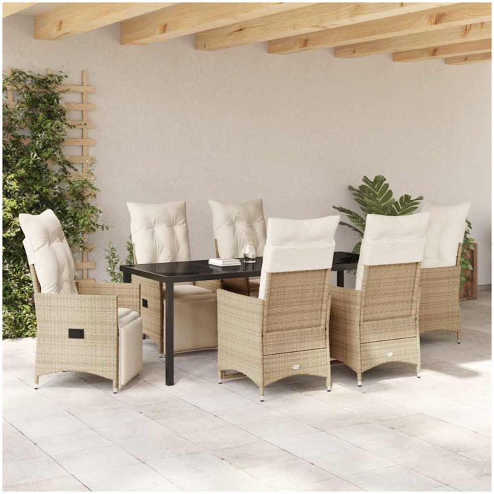 7 Delar Trädgårds Dining Set med Kuddar Beige Poly Rottning vidaXL Standard – bild 4