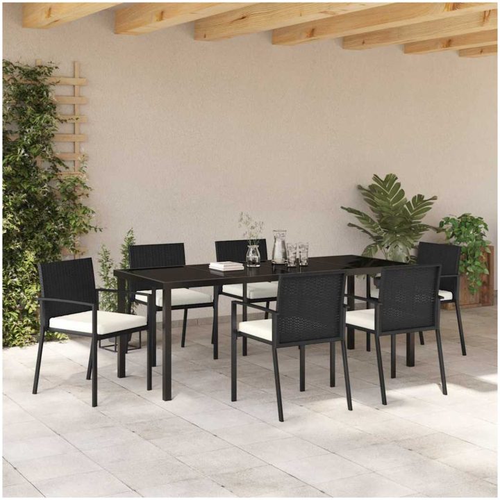 7 Delar Trädgårds Matgrupp Svart Poly Rattan vidaXL 200 x 80 x 73 cm – bild 4