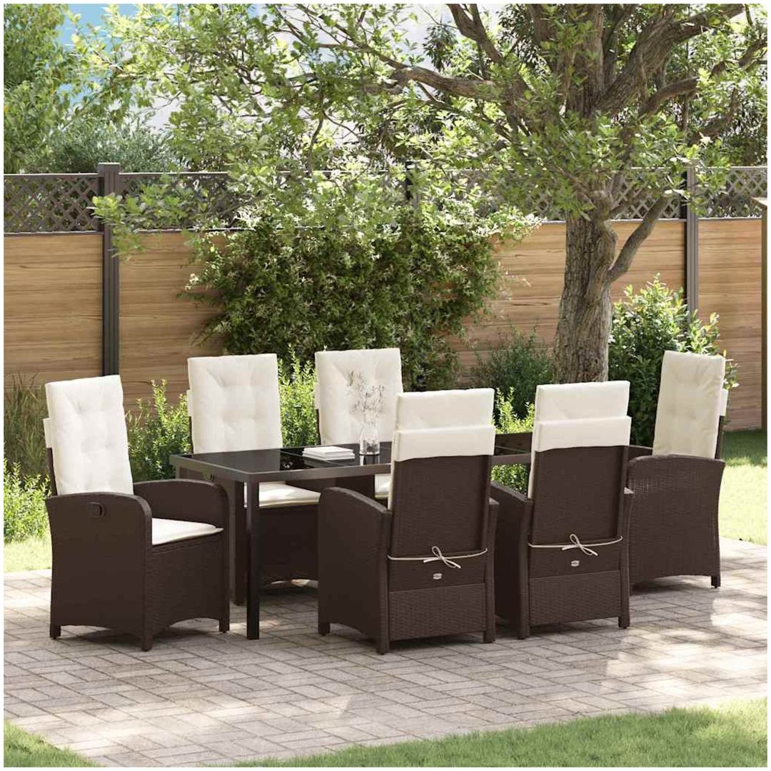 7 Delar Trädgårds Serveringsset med Kuddar Brun Poly Rattan vidaXL 200 x 80 x 73 cm