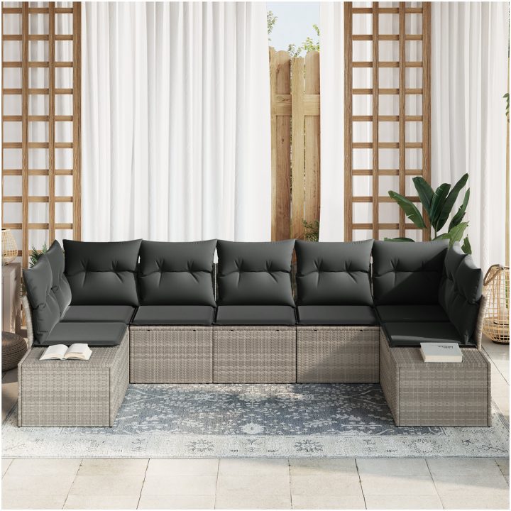 7 Delar Trädgårdsofa Set med Kuddar Ljusgrå Poly Rattan vidaXL 289 x 154 x 69 cm – bild 3