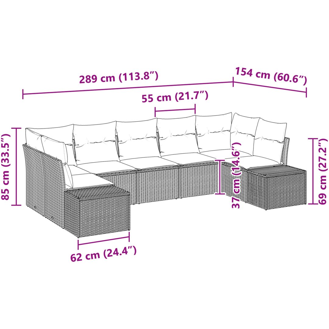 7 Delar Trädgårdsofa Set med Kuddar Ljusgrå Poly Rattan vidaXL 289 x 154 x 69 cm – bild 8