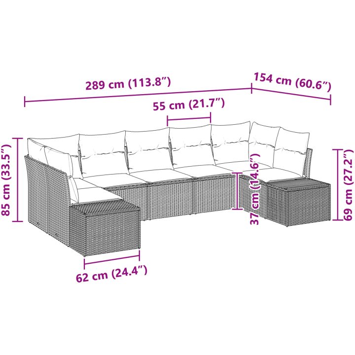 7 Delar Trädgårdsofa Set med Kuddar Ljusgrå Poly Rattan vidaXL 289 x 154 x 69 cm – bild 8