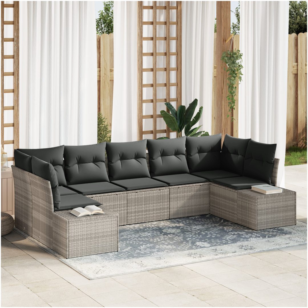 7 Delar Trädgårdsofa Set med Kuddar Ljusgrå Poly Rattan vidaXL 289 x 154 x 69 cm