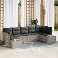 7 Delar Trädgårdsofa Set med Kuddar Ljusgrå Poly Rattan vidaXL