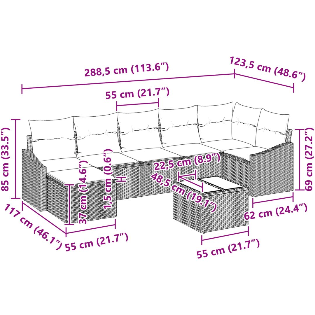 7 Delar Trädgårdsoff set med kuddar Brun Poly Rotting vidaXL 288.5 x 123.5 x 85 cm – bild 10