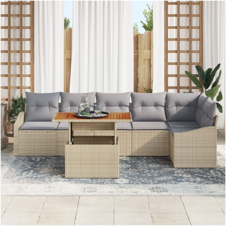 7 delar trädgårdsoff-set med kuddar i beige polyrotting vidaXL 100 x 55 x 73 cm – bild 3
