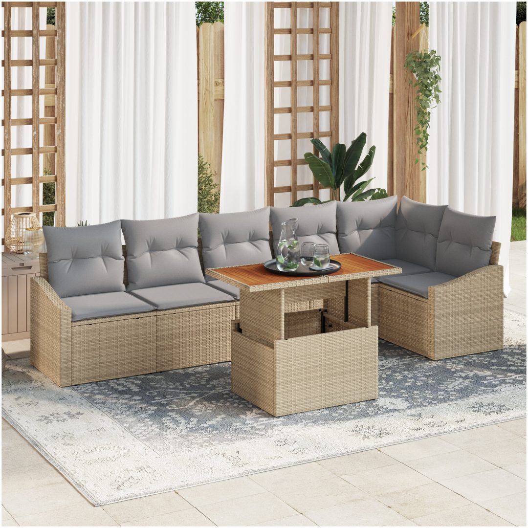 7 delar trädgårdsoff-set med kuddar i beige polyrotting vidaXL 100 x 55 x 73 cm