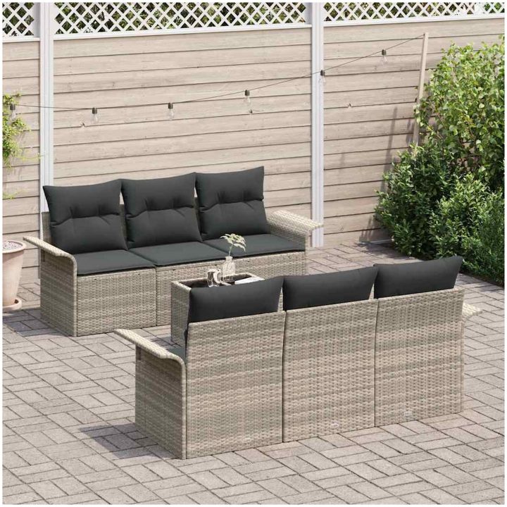 7 Delar Trädgårdsoff Set med Kuddar Ljusgrå Poly Rattan vidaXL Stor – bild 3
