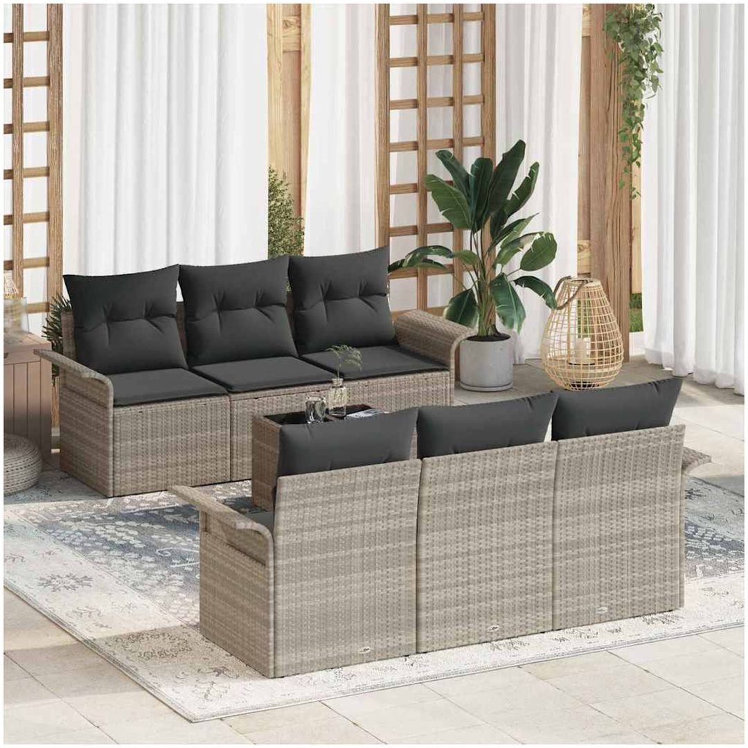 7 Delar Trädgårdsoff Set med Kuddar Ljusgrå Poly Rattan vidaXL Stor