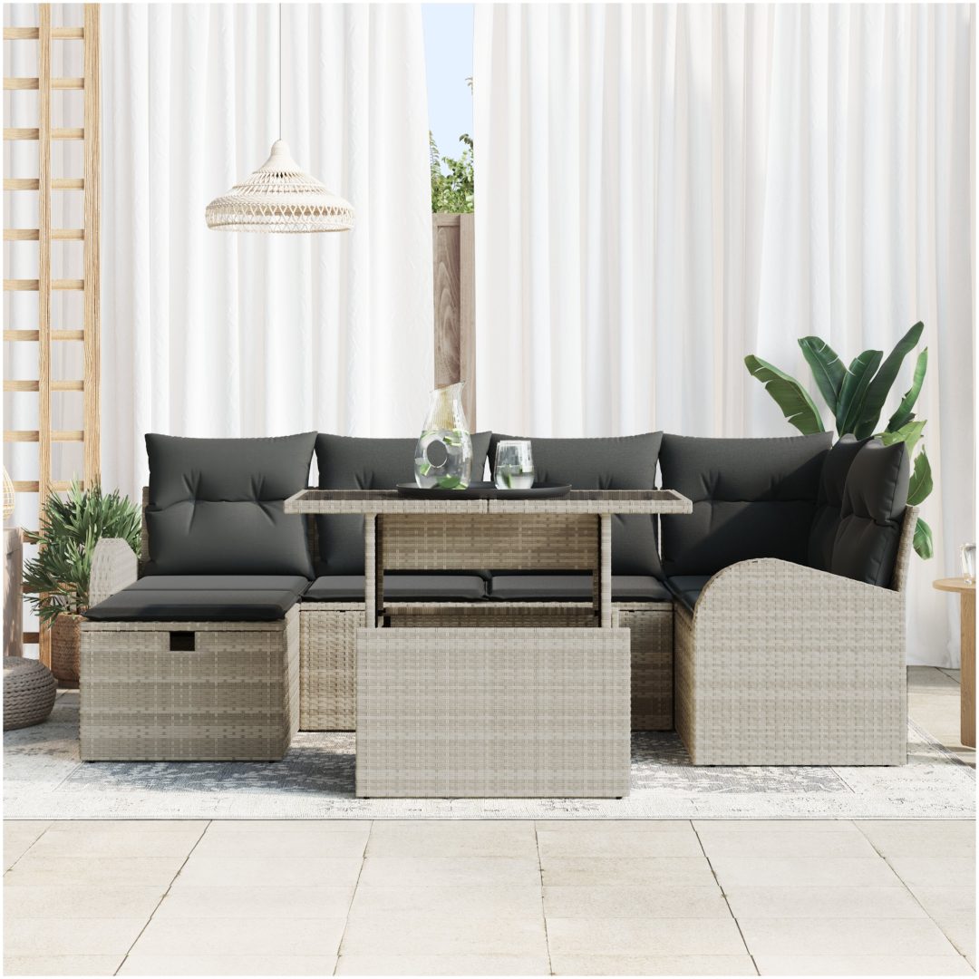 7 Delar Trädgårdsoff-set med Kuddar Ljust Grå Poly Rattan vidaXL 100 x 55 x 73 cm – bild 3