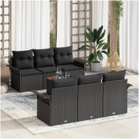 7 Delar Trädgårdsoff-set med kuddar svart poly rattan acacia vidaXL