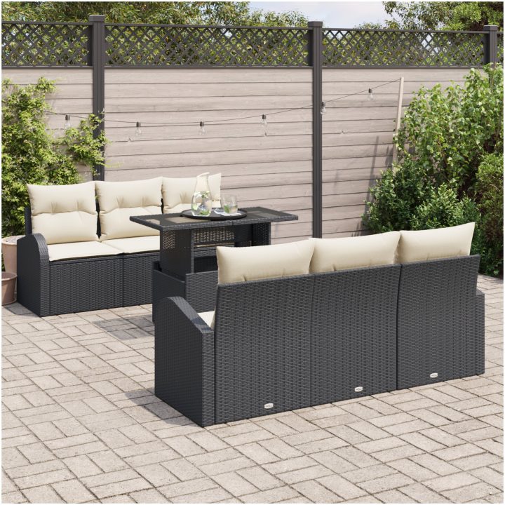 7 Delar Trädgårdsoff Set Med Kuddar Svart Poly Rattan vidaXL Medium – bild 3